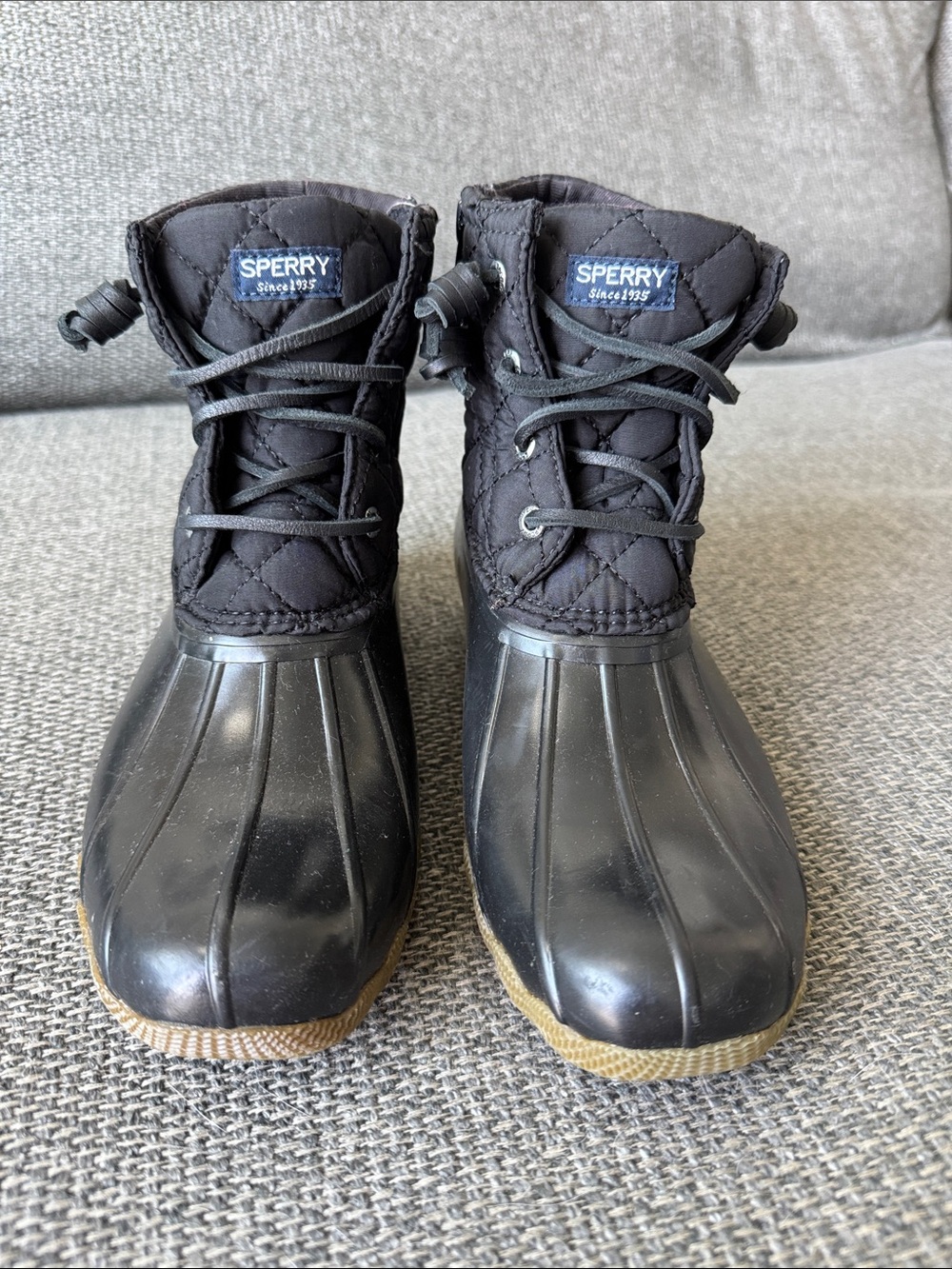 Sperry Kids Black Quilted Duck Boots with Tan Sole | Size 4M